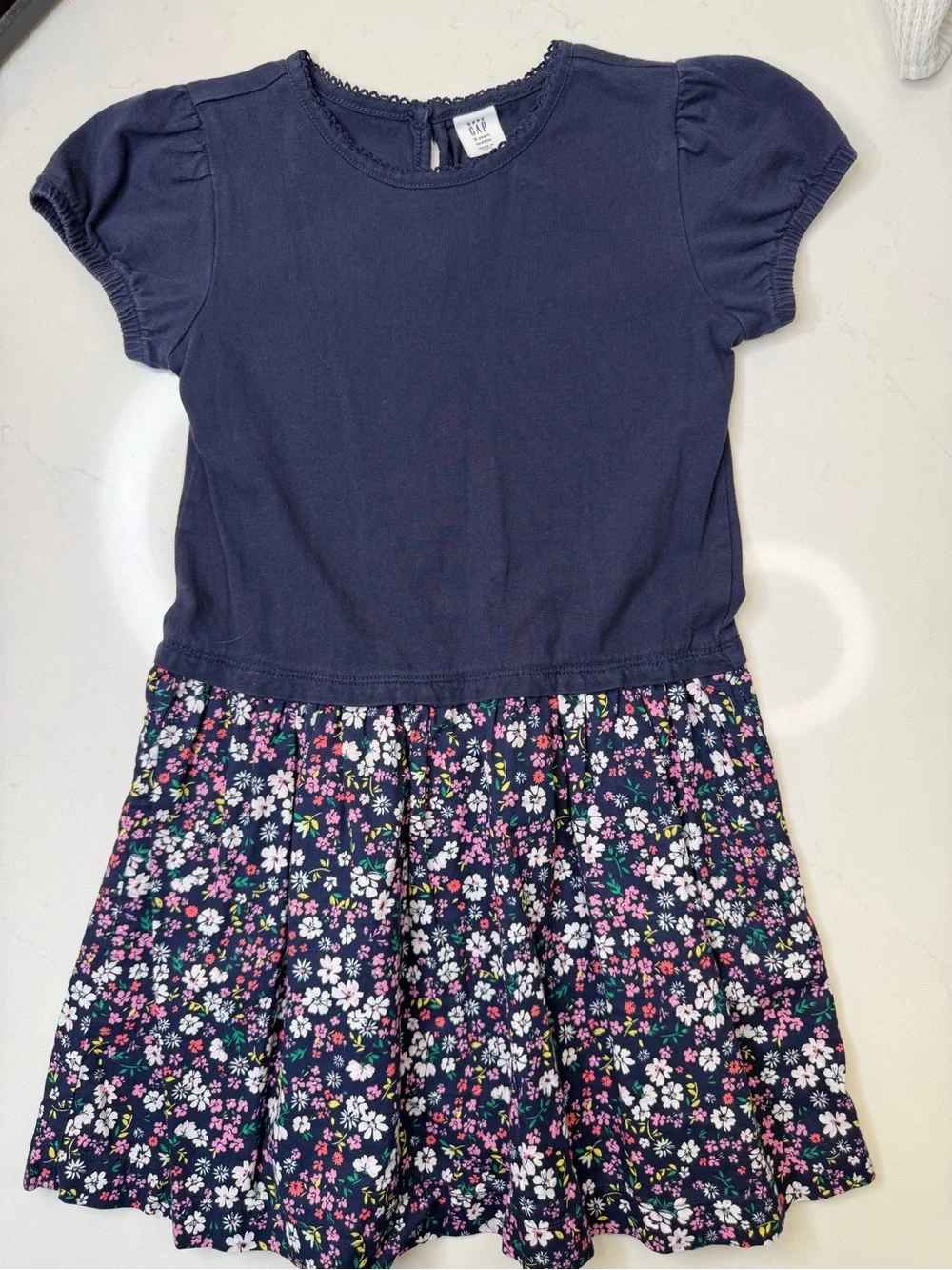Baby Gap Toddler Girls Navy Floral Dress Size 5T Puff Sleeve Short Sleeve